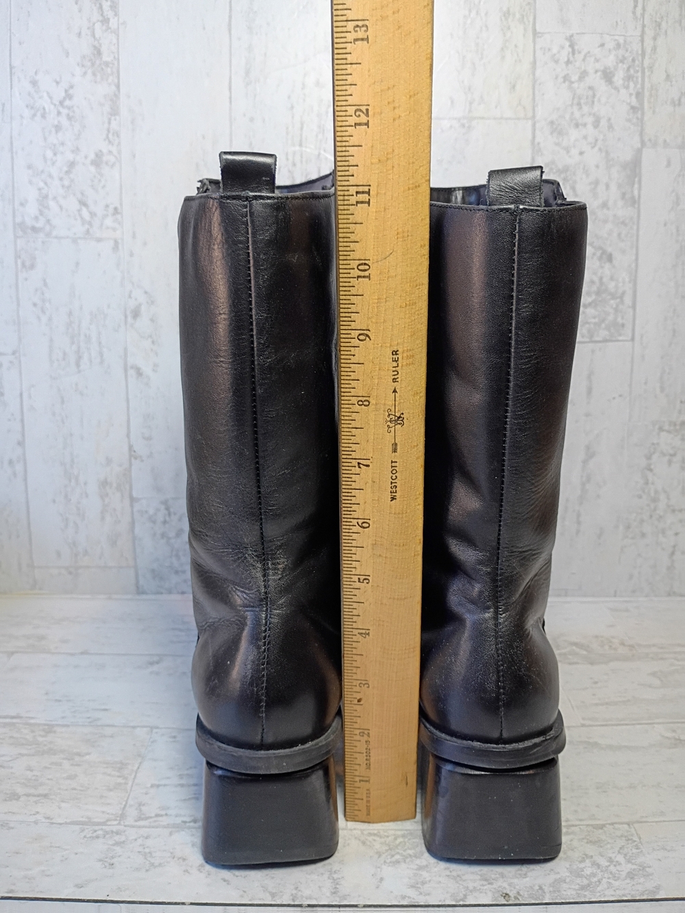 Black leather square toe knee high boots, 90s vintage wide calf size 7.5 US - Picture 9 of 15